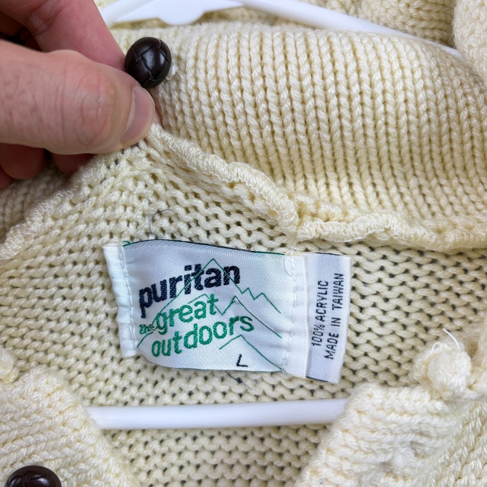Vintage Puritan Sweater Hoodie Mens Large Ivory Chunky Knit Henley Pullover 80s - Picture 3 of 8
